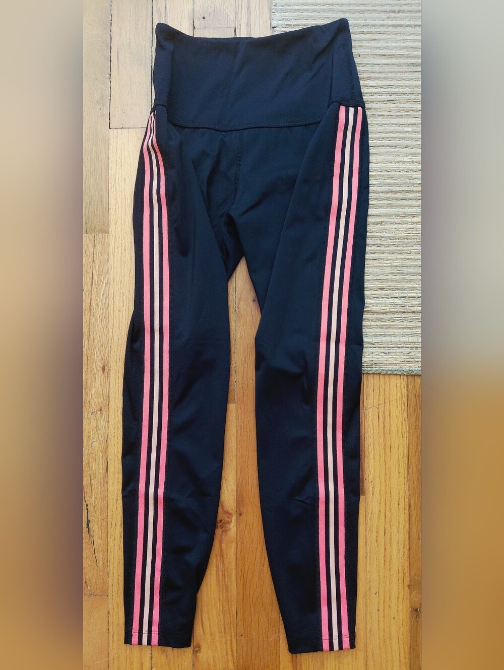 Never Worn-Beyond Yoga Black Leggings with Pink Side Stripes
